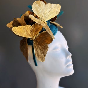 Teal Gold Butterfly Fascinator Tea Party Hat image 5