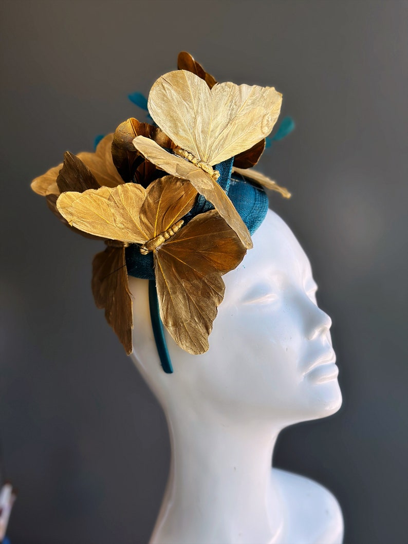 Teal Gold Butterfly Fascinator Tea Party Hat image 5