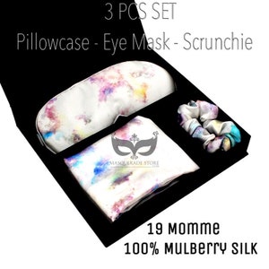 100% Mulberry Silk Pillowcase Queen pillowcase includes silk sleep mask & silk hair scrunchies 19momme Grade 6A