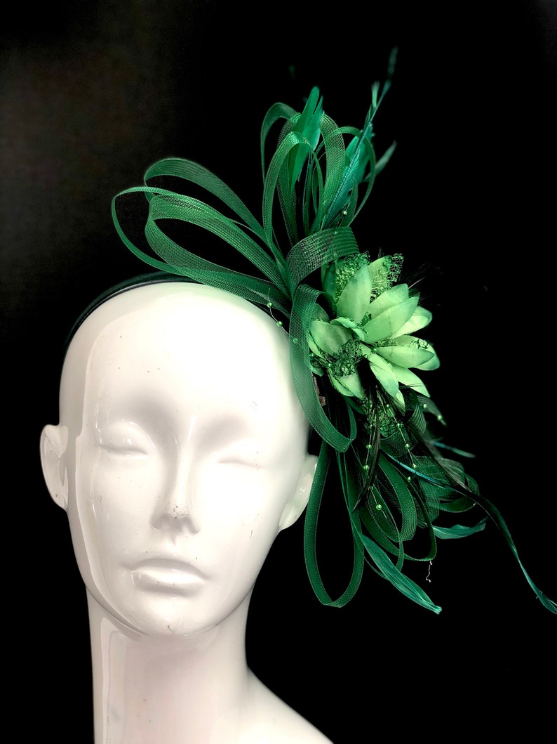Fascinator Hat Emerald green feather hairpiece, feather headpiece, dark green feather hair clip with headband image 1