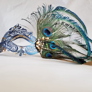 HigginsCreek Masquerade Mask Women, Luxury Peacock Feather Mask, Mardi Gras Mask, Venetian Masquerade Mask Gold Navy theme image 2