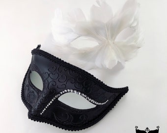 Black & White Feather Venetian Masquerade Mask Pair