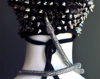 Gold Spike Full Face Mask Snake Jeweled Over the Head Mask Black Masquerade Party Mask, Costume Party, Halloween Costume, Studded Mask