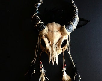 Ram Horn Skull Pagan Viking Ritual Skull witchcraft skull Deer Antler headpiece samhain festival ritual skull Wicca shaman Salem witch pagan