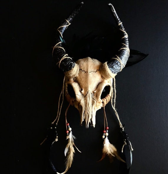 Ram Horn Skull Pagan Viking Ritual Skull witchcraft skull Deer Antler headpiece samhain festival ritual skull Wicca shaman Salem witch pagan
