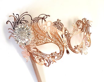 Rose Gold masquerade mask with stick masquerade masks masquerade masked ball gold mask masquerade mask on stick Venetian masquerade masks