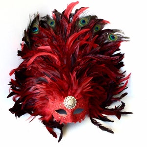 Red Rio carnival mask, brazilian carnival mask, Venetian Carnival feather mask, carnival masquerade mask, feather masquerade mask women