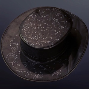 May include: A black top hat with a wide brim and a decorative floral pattern.