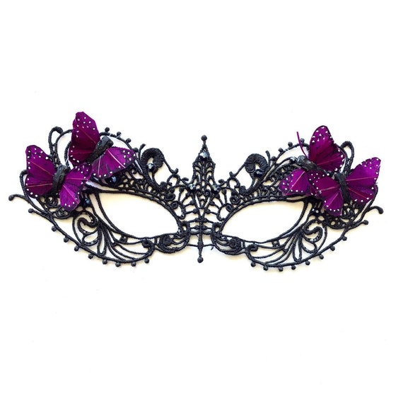 女性用ブラックレースマスク、仮面舞踏会マスク紫蝶、ラインストーン