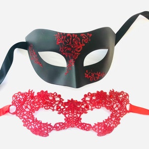 Red couples masquerade masks, elegant couples masks venetian ball halloween christmas party masks for couples