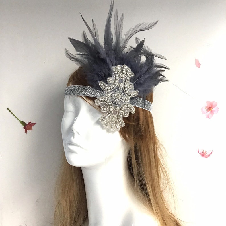 Silver Flapper Headpiece women Roaring 20's Headpiece Silver Headband With Feathers For Elegant Events image 1
