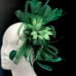 Fascinator Hat Emerald green feather hairpiece, feather headpiece, dark green feather hair clip with headband image 2