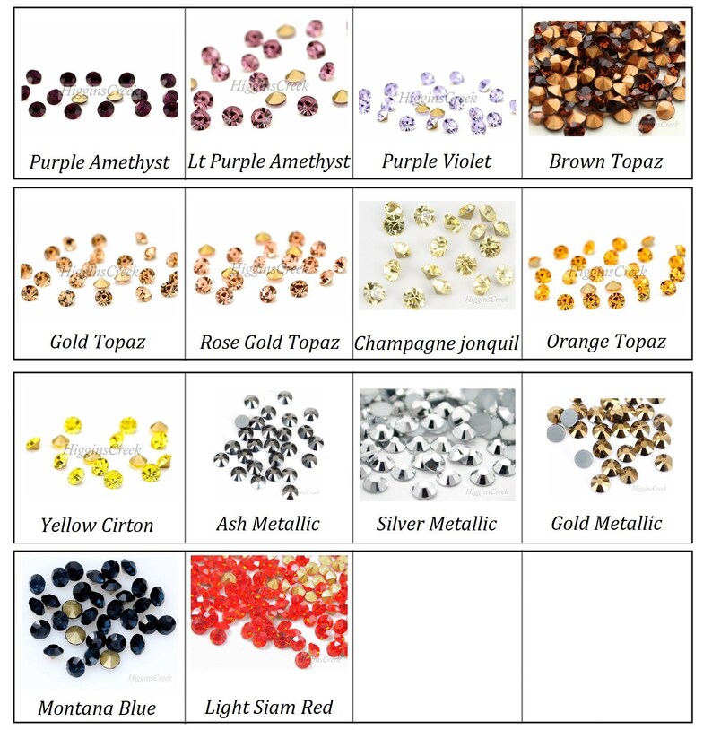 Puede incluir: Surtido de 12 colores de piedras de imitaci&oacute;n, incluyendo amatista p&uacute;rpura, amatista p&uacute;rpura claro, violeta, topacio marr&oacute;n, topacio dorado, topacio dorado rosa, jonquil champagne, topacio naranja, cirton amarillo, met&aacute;lico ceniza, met&aacute;lico plateado, met&aacute;lico dorado, azul montana y rojo siam claro.