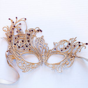 Gold Masquerade Mask with purple theme rhinestones, Venetian Lace Macrame Mask