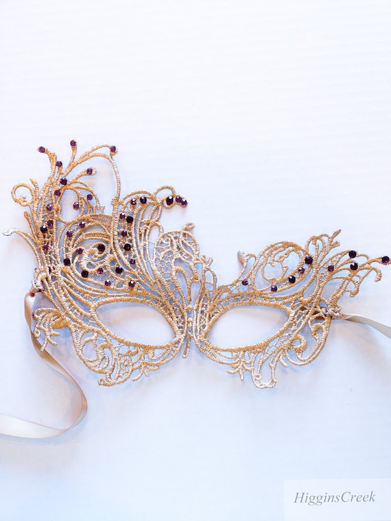 Gold Masquerade Mask with purple theme rhinestones, Venetian Lace Macrame Mask
