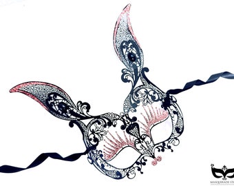 Bunny Masquerade Mask for Women - Black Pink Glitters