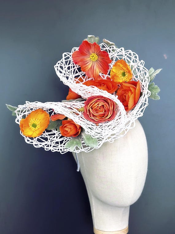 Elegant Orange Floral Fascinator Kentucky Derby Hat Church Tea Wedding Headwear Red Orange Flower Kentucky Derby Fascinator Hat With Feather  main image 4