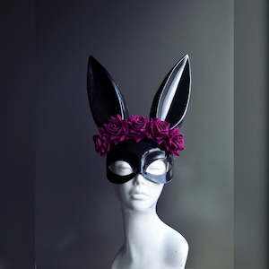 Black Bunny Masquerade Mask - Purple Roses - Adult