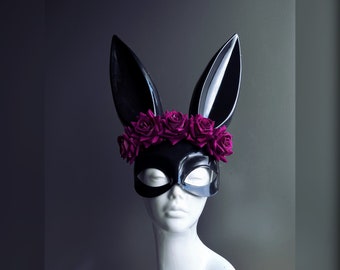 Black Bunny Masquerade Mask - Purple Roses - Adult