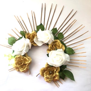 Halo crown inspired by beyonce Flower halo headdress sunburst with roses white gold head crowns image 6