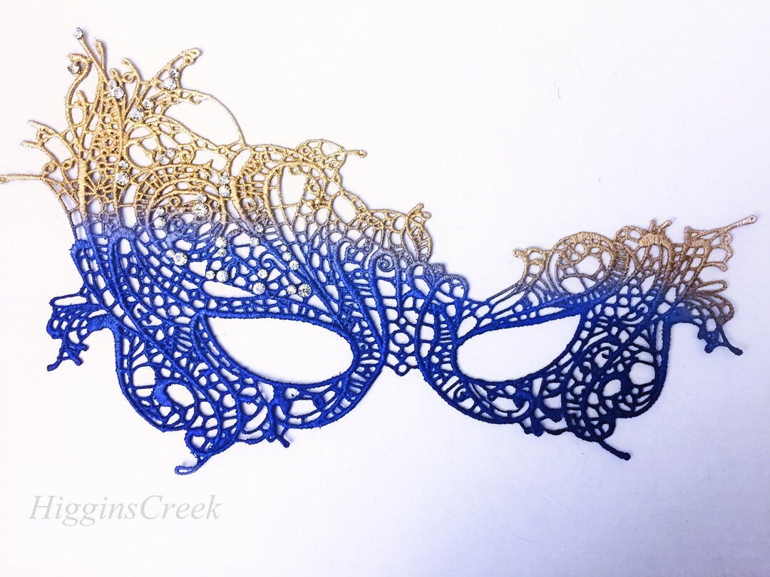 Blue Gold Masquerade Mask - Womens Lace Mask With Rhinestones - Etsy