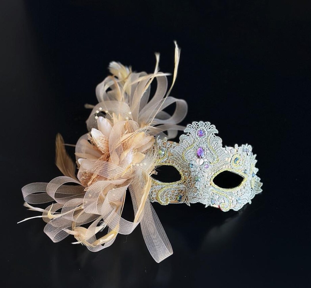 Gold Brocade Lace With Feathers – Lace Venetian Mask With Ribbon ...