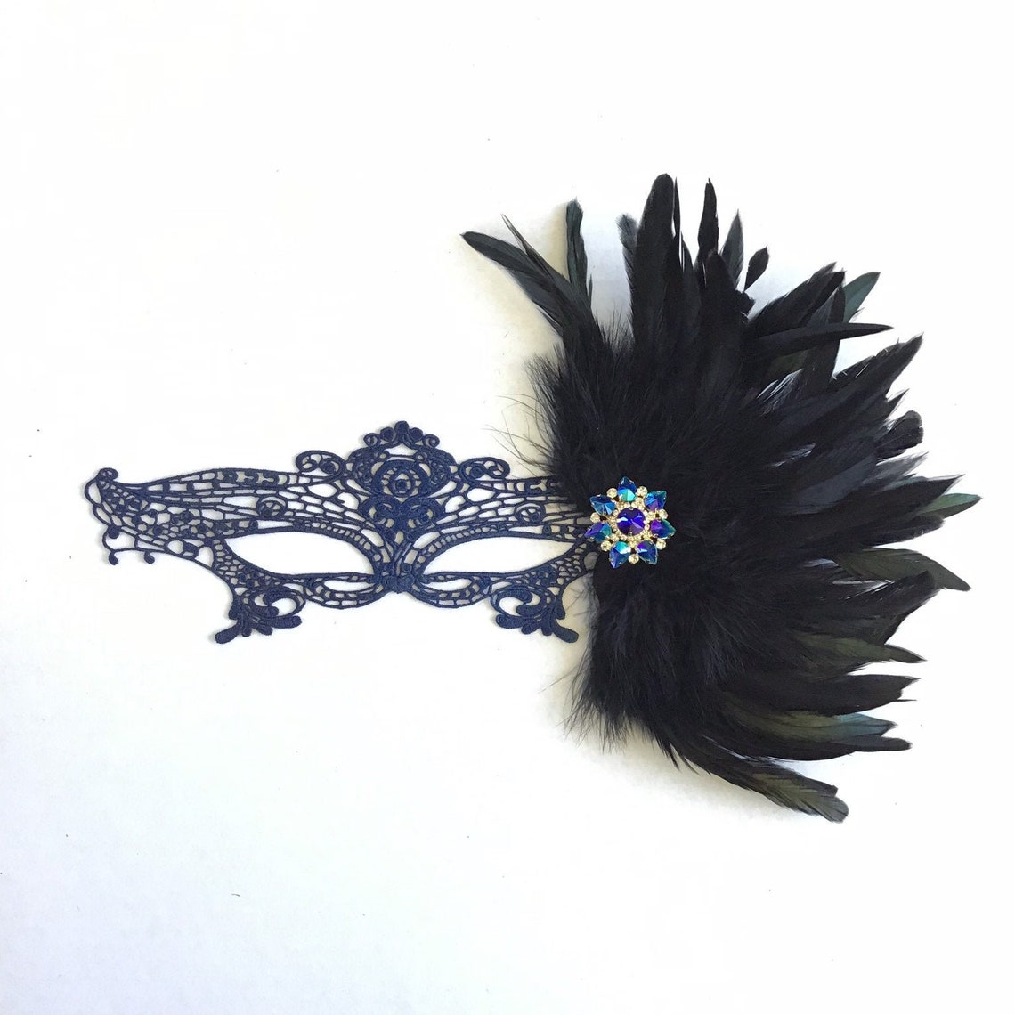 Navy Blue Lace Masquerade Mask with Feathers Masked Ball Etsy