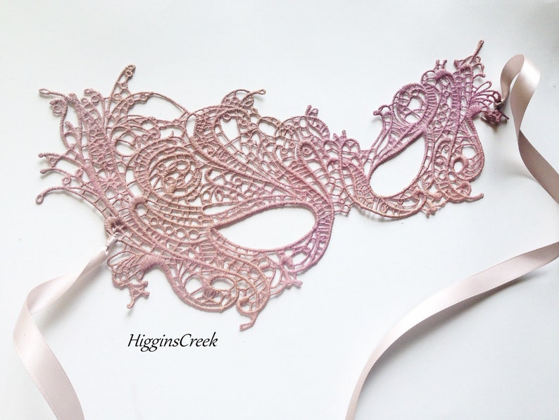 Blush Pink Lace Masquerade Mask for women studded with rhinestones, Custom masquerade mask in all colors and embellishing image 1