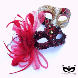 Venetian Masquerade Ball Masks Red Costume Party Masks with feathers, masquerade ball parties