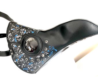 Masquerade mask plague doctor mask cosplay Faux leather blue and silver filigree black bird mask animal halloween
