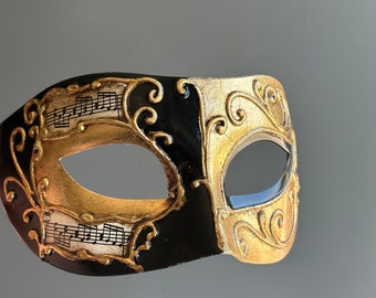 Black Gold Music Note Masquerade Mask, Venetian Masquerade Mask, Mens Masquerade Mask, Mens Mask, Masquerade Party, Masked Ball, Gala Mask