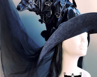 Halloween Hexe Kostüm Schwarzer Hexenhut Schleier Spitze Hexenhut mit breiter Krempe