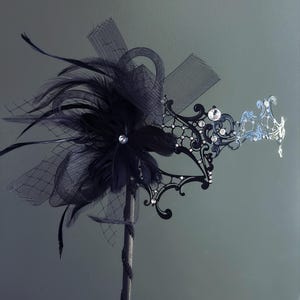 Black Stick Mask Womens Masquerade Mask Metal Mask Venetian Mask Masquerade Party Mask Masked Ball Handheld Stick Feather Mask