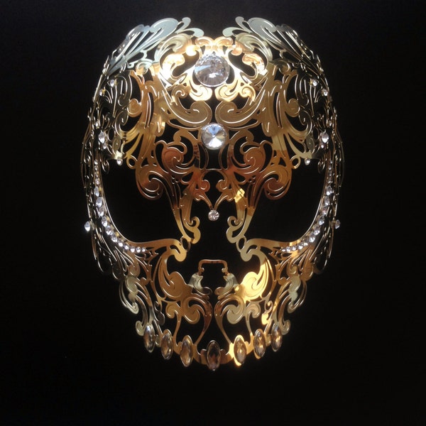 Mens Masquerade Mask, Halloween Skull Mask, filigree Gold metal mask