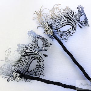 Women Masquerade masks, Women Stick Masks, Handheld masks with embellishing silver and gold