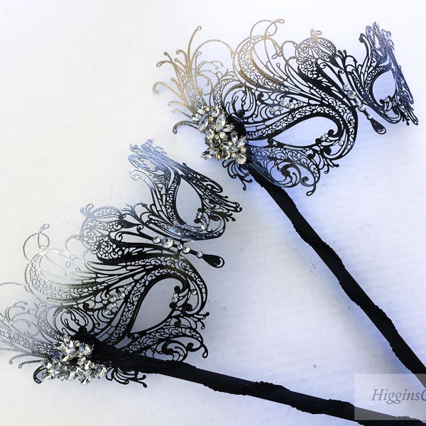 Women Masquerade masks, Women Stick Masks, Handheld masks with embellishing silver and gold