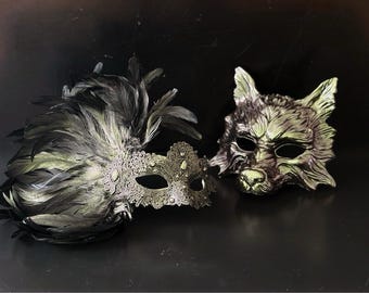 Antique Gold & Green Couple Masquerade Mask Set Wolf Mask and Feather Lace