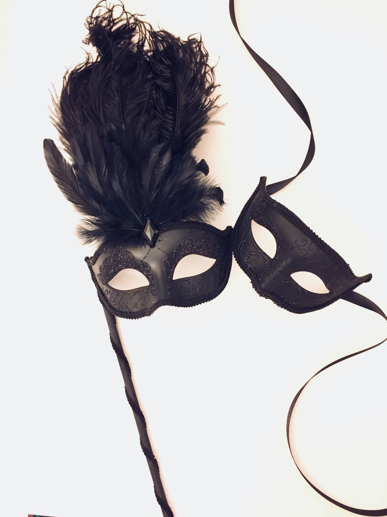 Black Tie event Masks Mens mask with Ribbons Black Couples masquerade mask set Women mask on stick