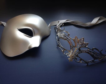 Silver Couple masquerade mask Set, His & Hers Masquerade Masks, Silver Womens Mask, Silver Mens  Mask, halloween masks