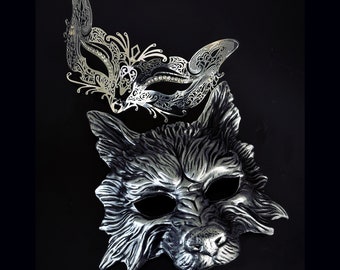 Couples Masquerade Masks Wolf & Fox Halloween - Silver