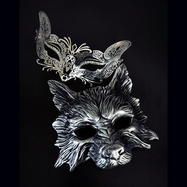 Couples Masquerade Masks Wolf & Fox Halloween - Silver