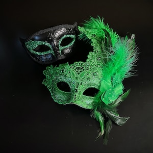 Green Mardi Gras Masks, Couples Party Masks, Masquerade Ball, Costume Party, Masquerade Masks, Masquerade Womens Masks With/Without Feathers
