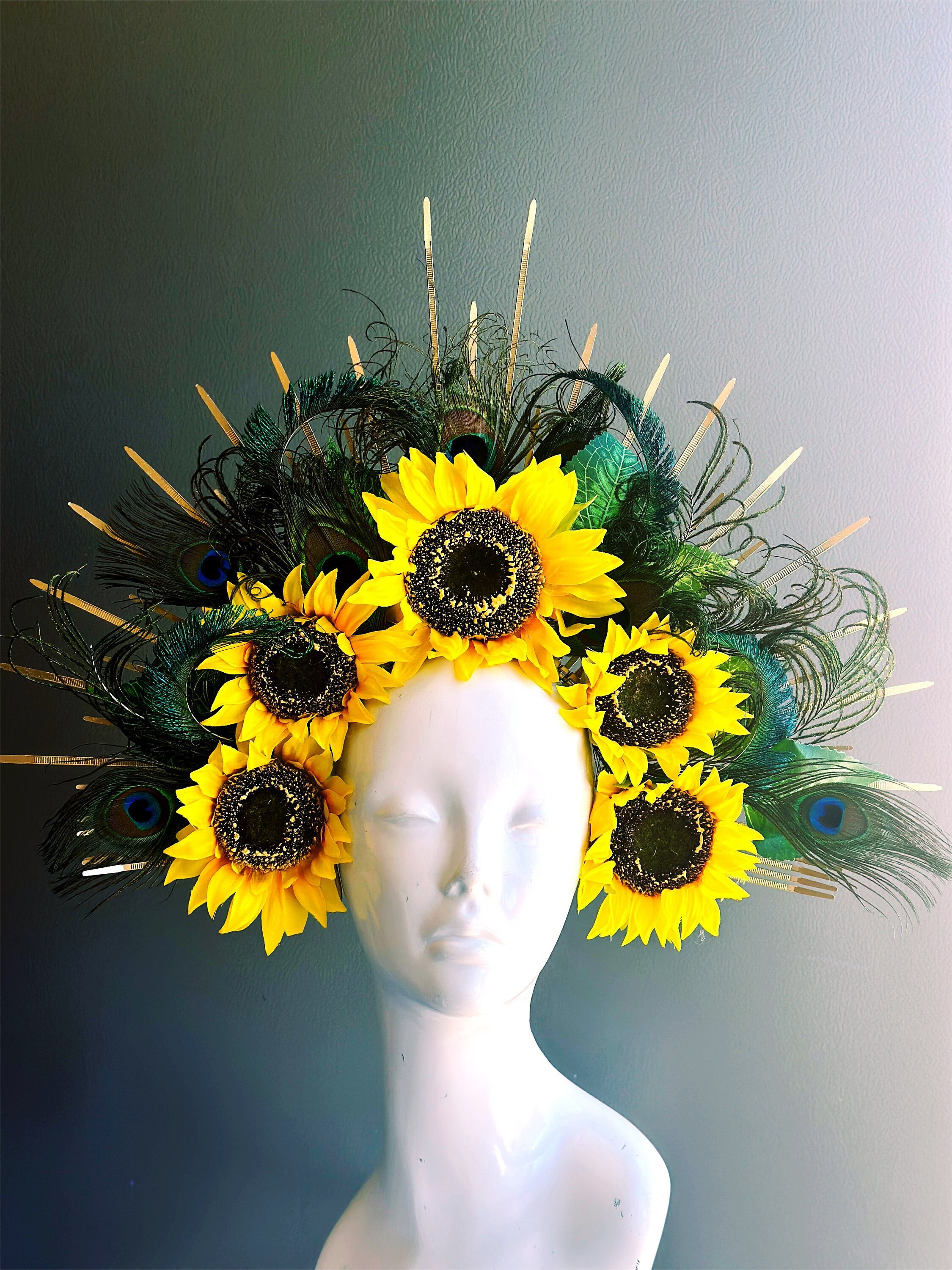 Sunflower Headpiece - Yellow Flower Halo Crown - Peacock 