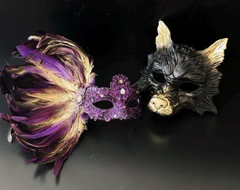 Purple Gold & Black Couple Masquerade Mask Set Wolf Mask and Feather Lace