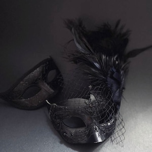 Masquerade Masks Couples Elegant Black Masks, Phantom Couples Masks, Luxury Masquerade, Black Wedding Mask set, Black Feathered Masks