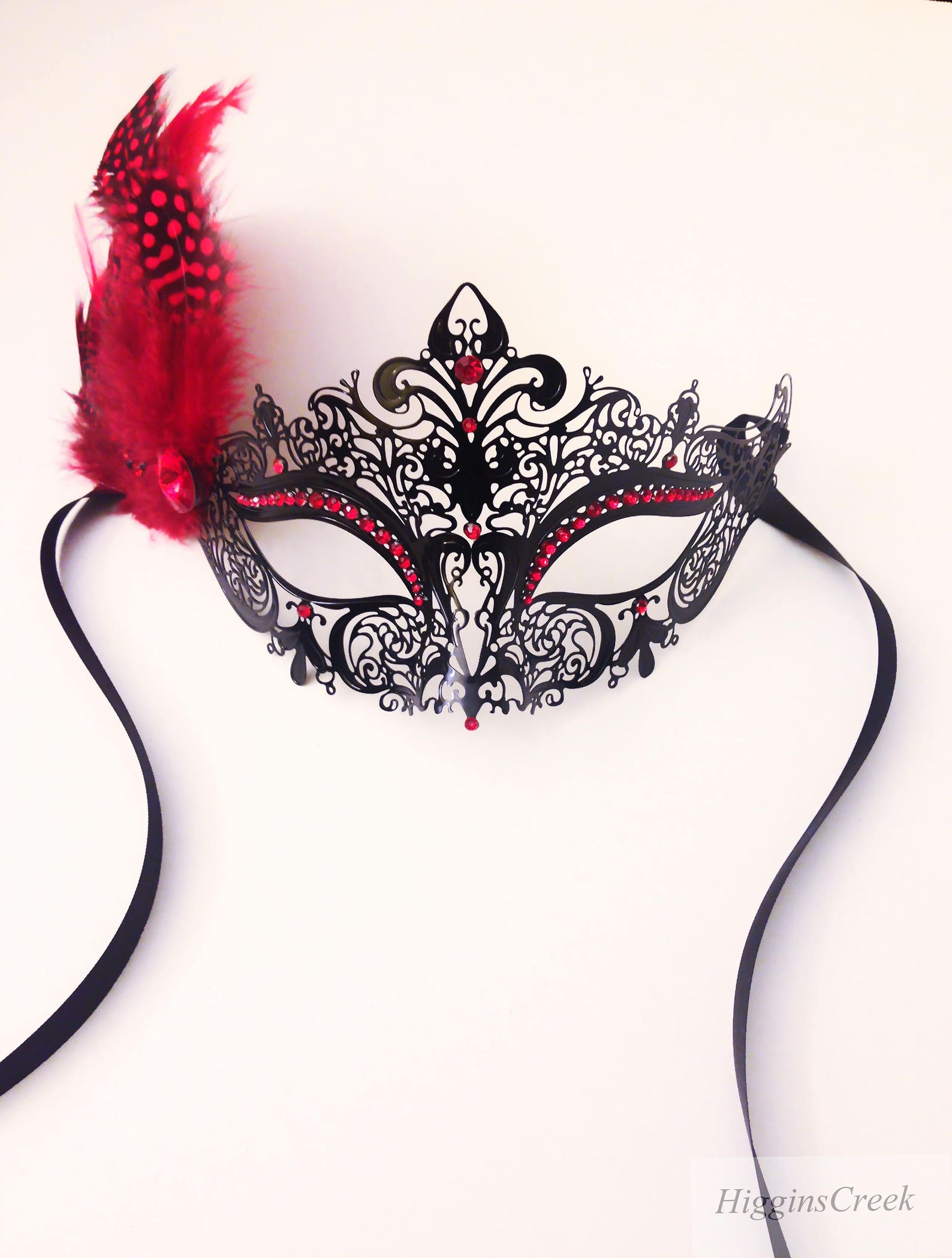 Womens Red Masquerade Mask, Red Feathers Masquerade Ball Mask, Red ...