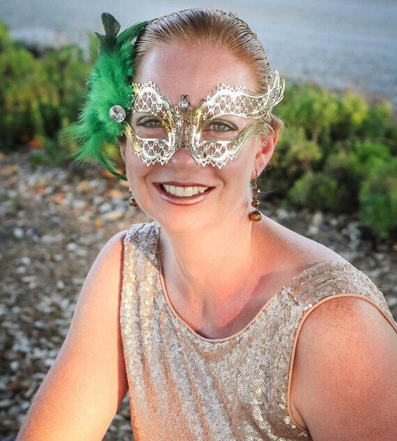 Womens Masquerade Mask Feathers Mardi Gras Green Gold | Masquerade Store