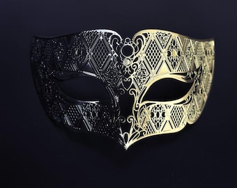 Zwart goud heren maskerade masker set, heren bal maskers, Venetiaanse maskers, metalen masker, renaissance masker, ombre masker