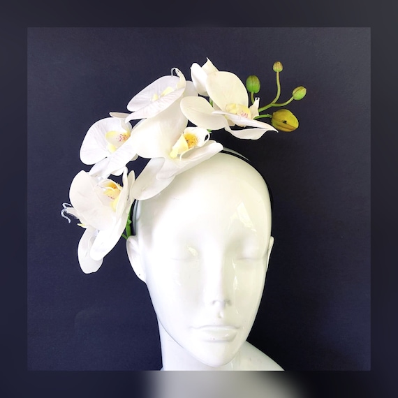 New Derby Hat Statement Yellow Orchid Fascinator Headband & Garden Party Ready Yellow Kentucky Derby Hatinator White Orchid Flower  main image 4