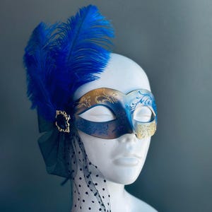 Royal Blue Women Masquerade Masks - Regal Blue Feather Women’s Mask - Venetian Mask